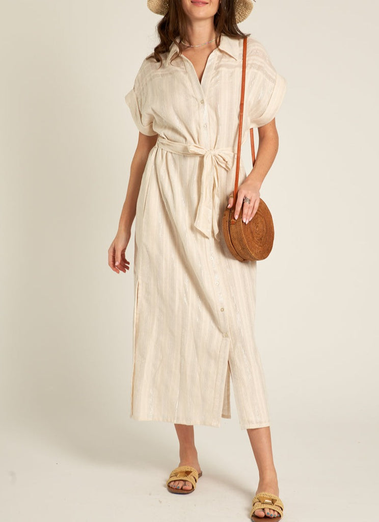 Nicolette Tie Waist Maxi Dress in Cream/Silver