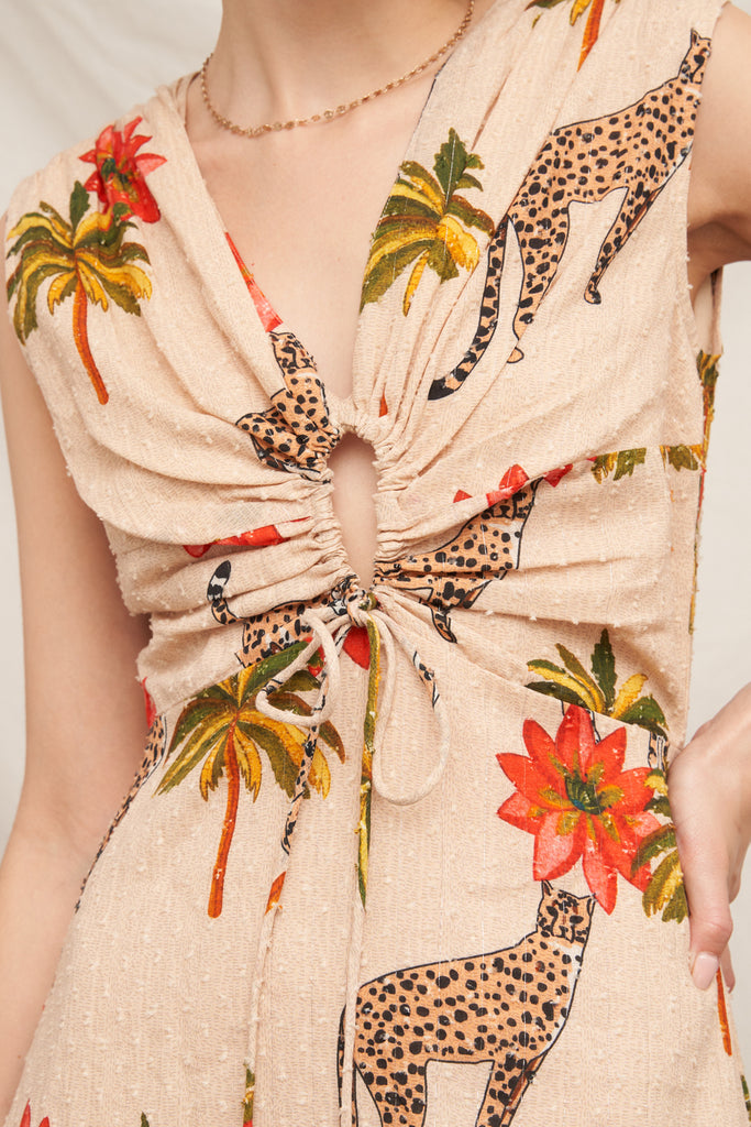 Island Glow Drop Shoulder Animal Print Maxi Dress