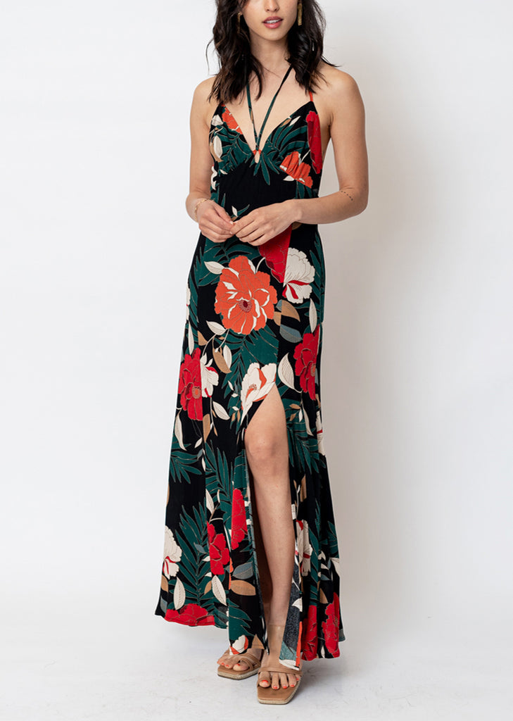 Rita Tropical printed Halter Neck Maxi Dress In Black Red Multi