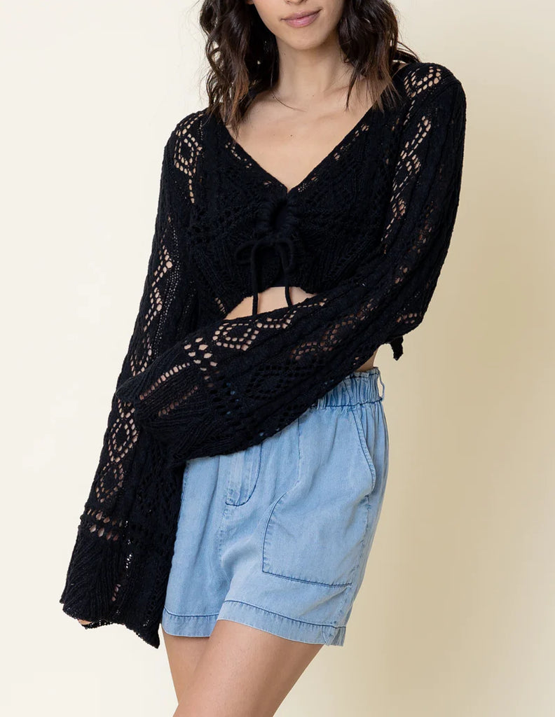 Darlene Crochet Long Sleeve Top In Black