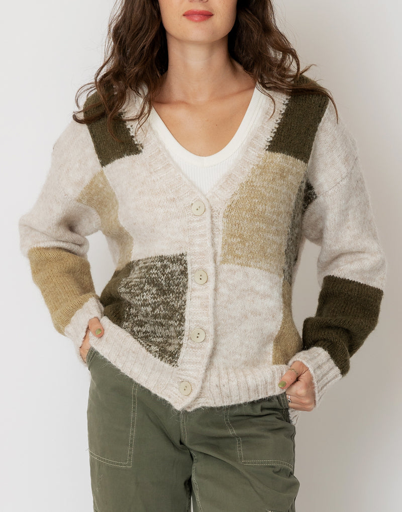 Earth + Moss Button Down Cardigan in Beige and Green