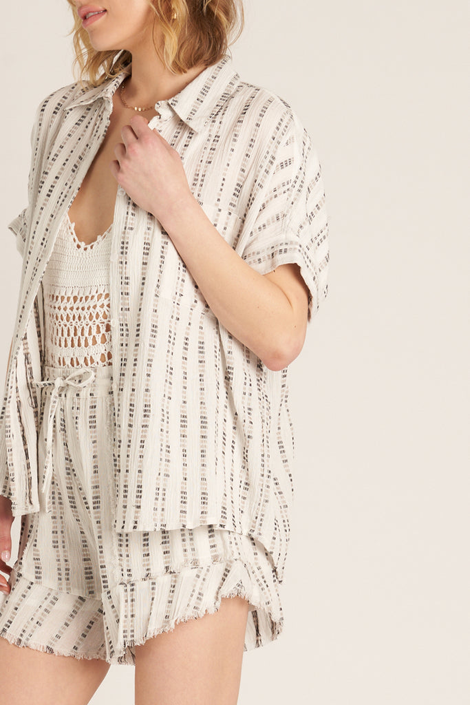 Dudette Short Sleeve Button Up T-Shirt in Off White/Black