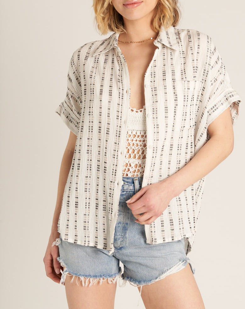 Dudette Short Sleeve Button Up T-Shirt in Off White/Black