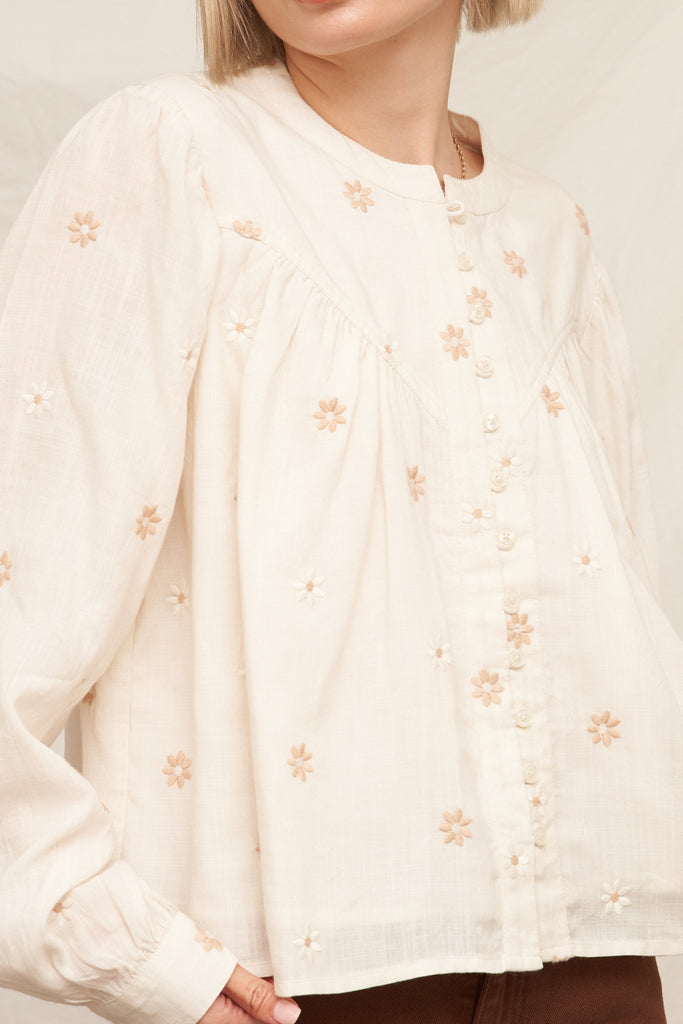 Ember Petals Embroidered Long Sleeve Button Down Top