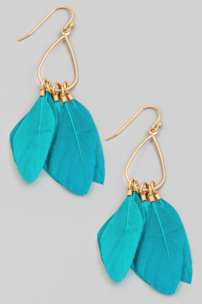 Bohemian Teal Feather Drop Earrings
