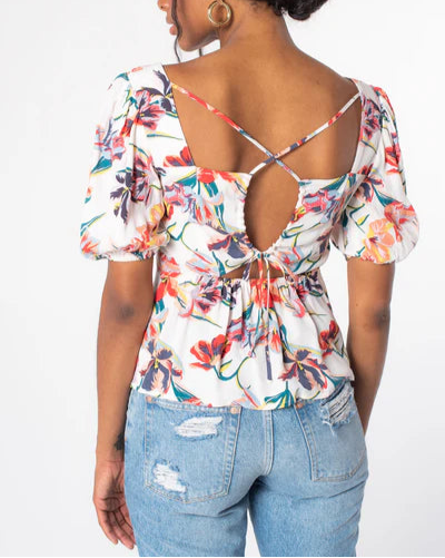 Botanic Mood 3/4 Puff Sleeve Floral Print Open Back Top