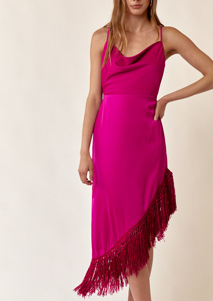 More Fringe Asymmetrical Cowl Neck Dress Fuchsia