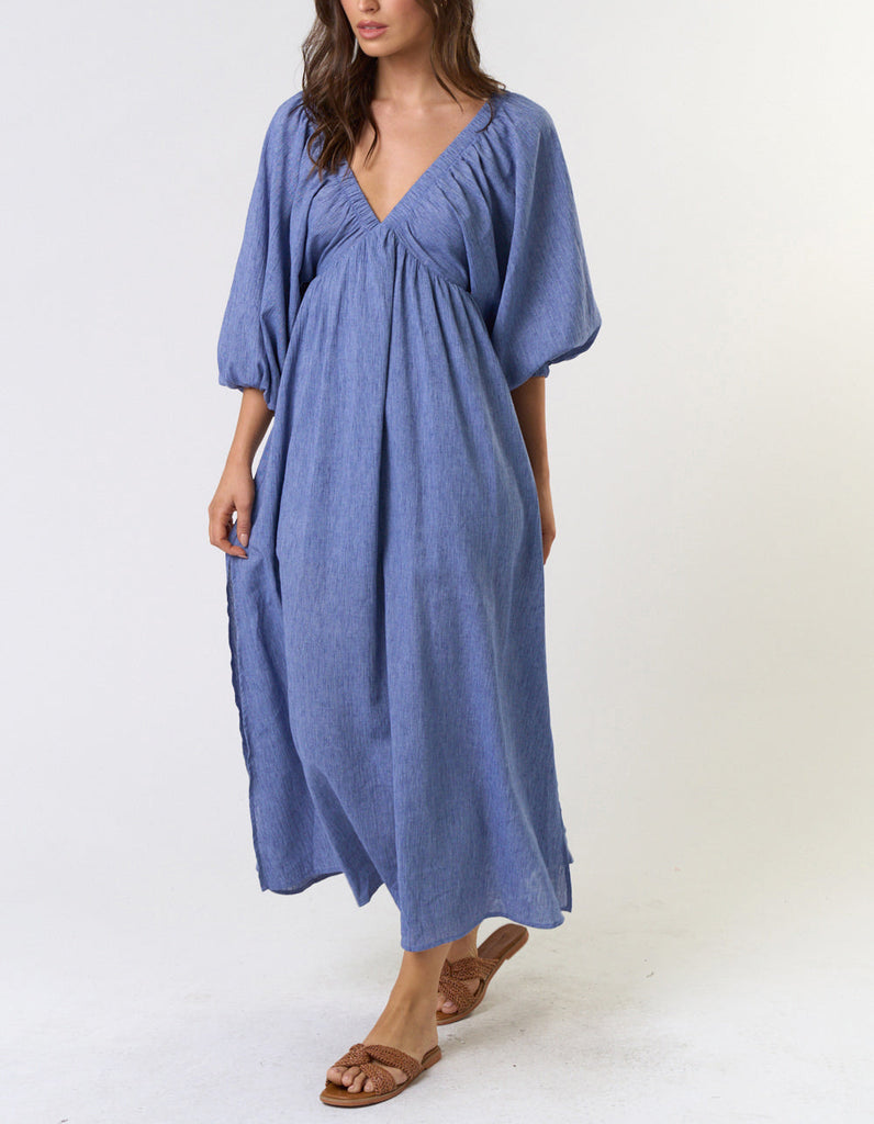 Woven Spirit Deep V-Neck Long Sleeve Maxi Dress