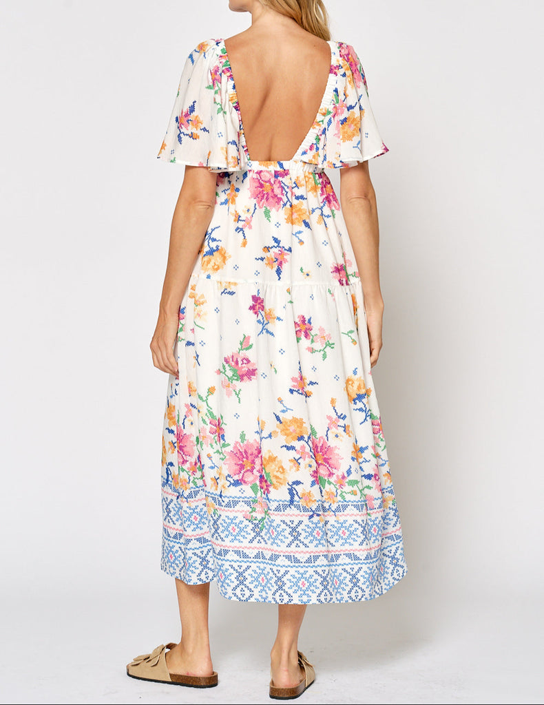 Spring Stitch Floral Print V-Neck Maxi Dress