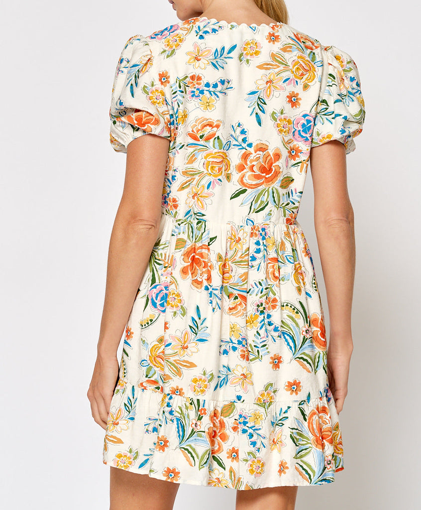 Marigold Petals Puff Short Sleeve Mini Dress with Tassel