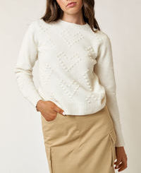Heartbeat Long Sleeve Sweater with Heart Embroidery in Off White