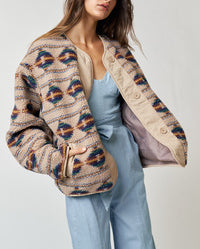 Aria Aztec Print Button Down Short Fur Jacket in Brown Multi