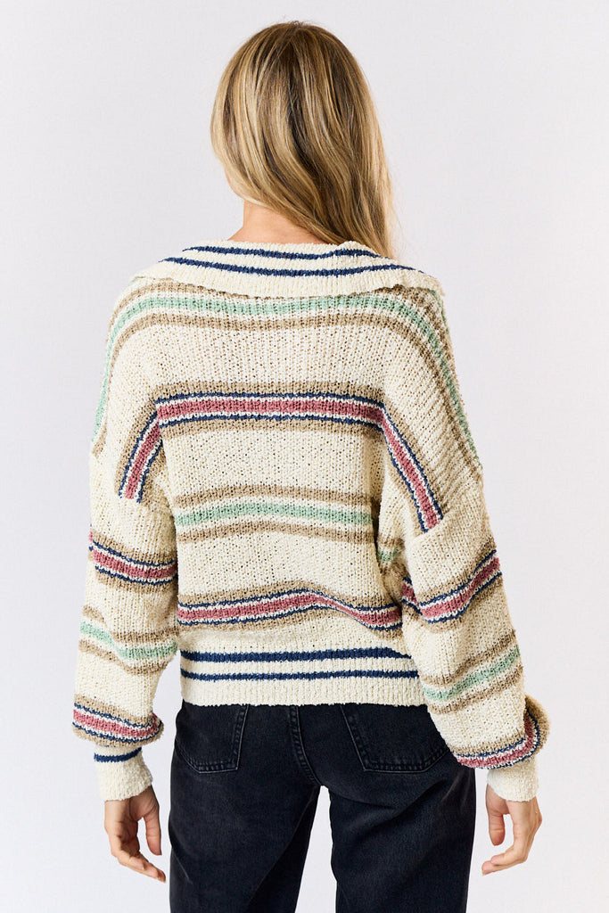 Coffee Run Striped Collared Fuzzy Sweater in Cream