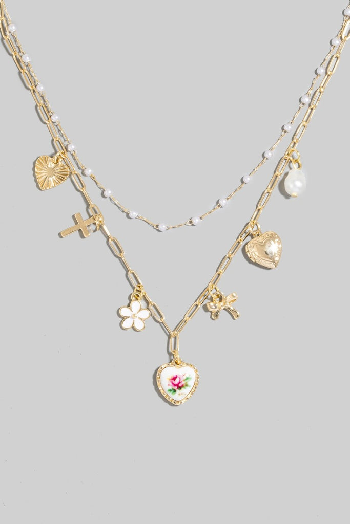 Layered Charm and Pink Ceramic Heart Necklace in Gold