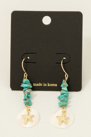 Starfish and Stone Dangle Turquoise Earrings in Gold