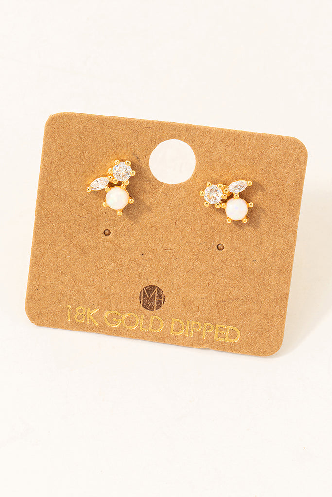 Opal and Clear Quartz Dainty Triple Stud Earrings