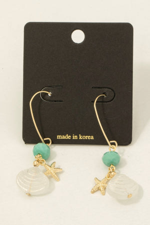 Clam Shell and Starfish Dangle Gold Earrings