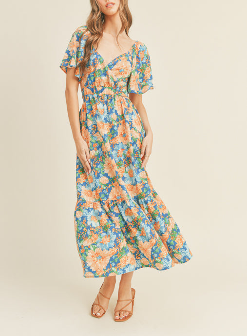 Morgan Back Cut Out Floral Printed Midi Dress Blue/Orange Multi