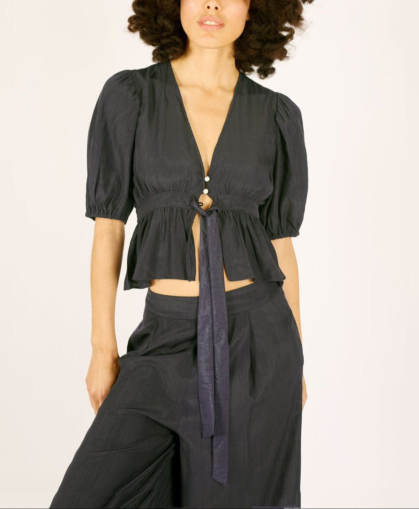 Mariposa Tie-Front Button Detail Crop Top in Navy