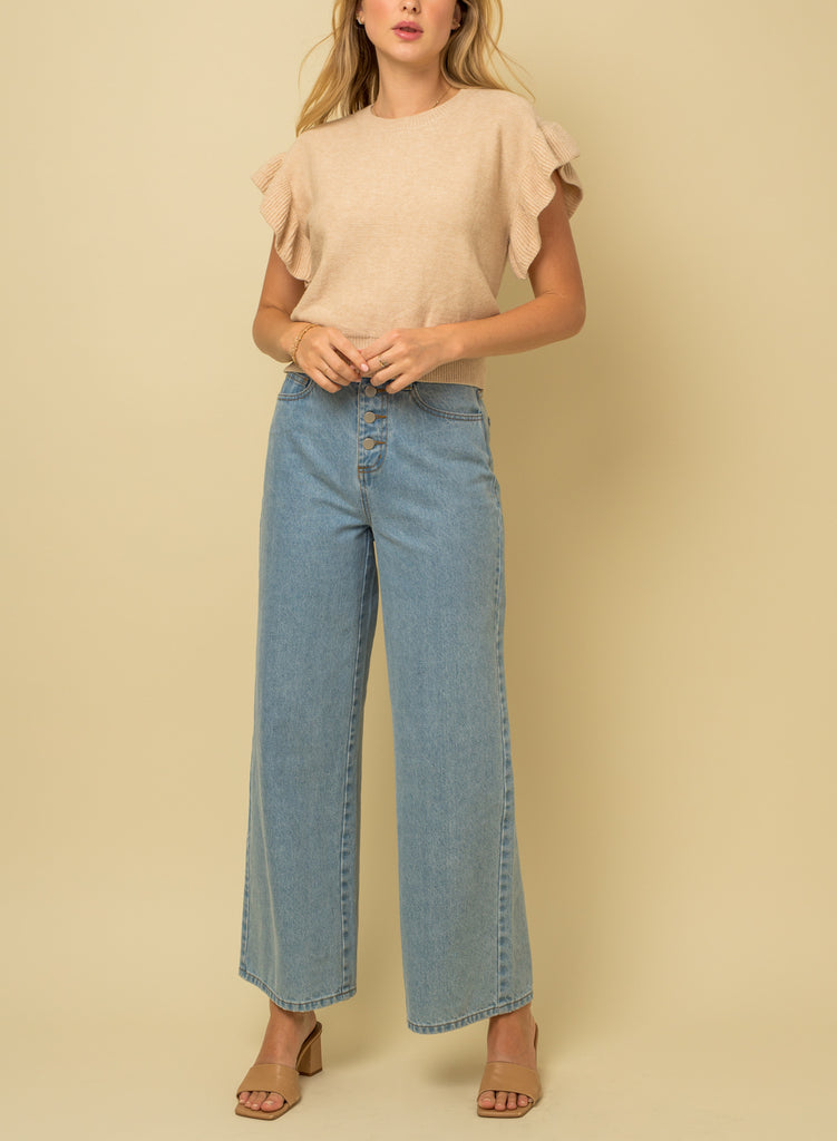 Ruffle Me Ruffle Sleeve Knit Top in Beige