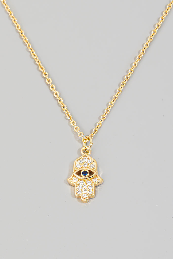Pave Hamsa Rhinestone Hand Pendant Necklace in Gold