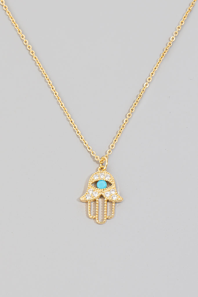 Hamsa Hand Blue Eye Rhinestone Necklace in Gold
