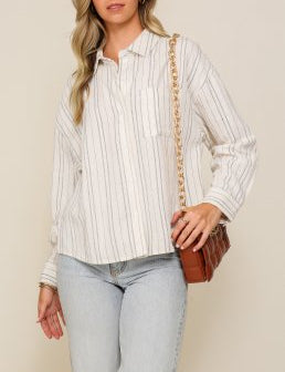 Kayla Textured Button Down Long Sleeve in Ivory