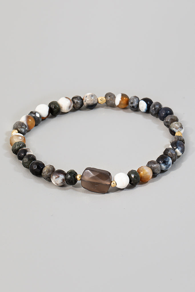 Semi Precious Black Stone Stretched Bead Bracelet in Gold