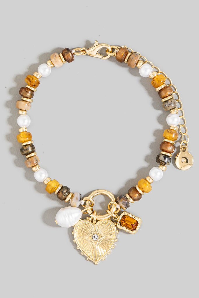 Beaded Amber & Heart Charm Bracelet