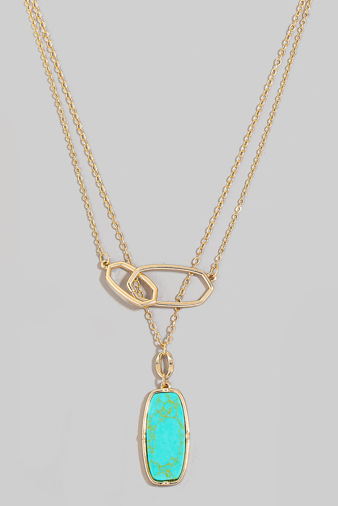Oval Hoop and Hexagon Turquoise Stone Long Necklaceo