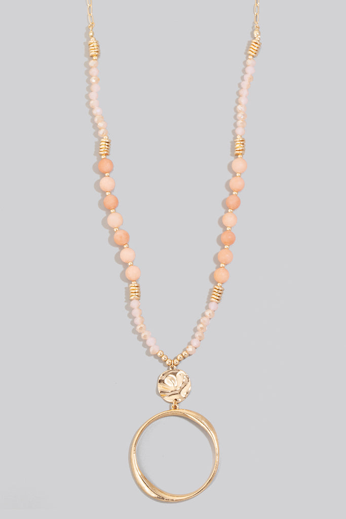 Long Beaded and Circle Pendant Necklace in Gold (Assorted Colors)