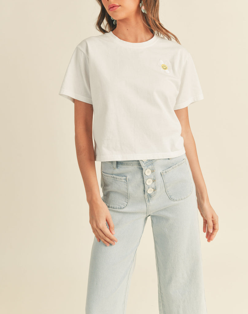 Happy Days Smiling Flower Embroidered Tee Shirt In Ivory