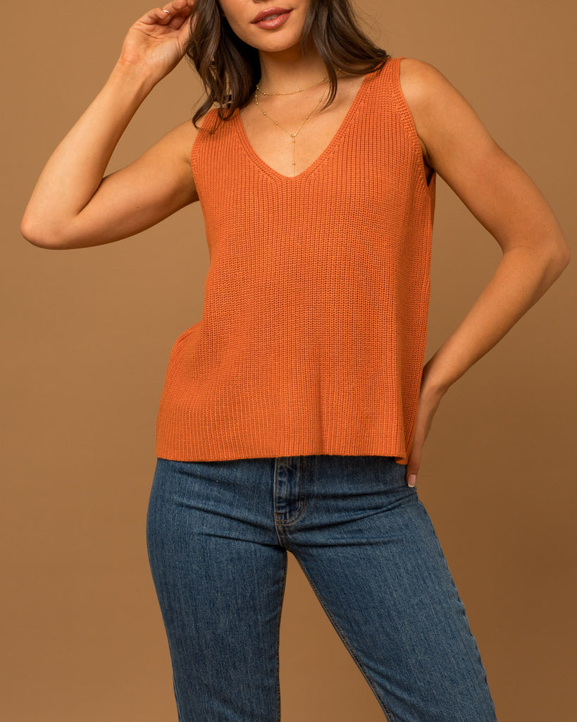 Tempo V Neck Knit Tank In Burnt Orange