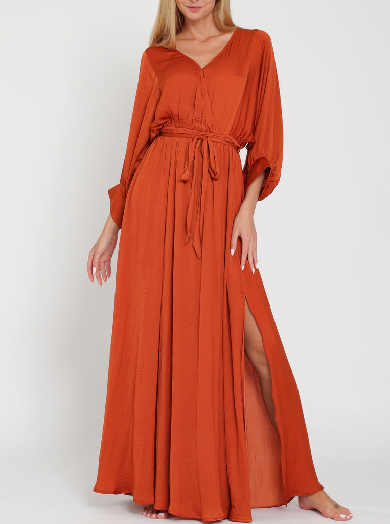 Amber Dolman Sleeve Satin Maxi Dress in Rust
