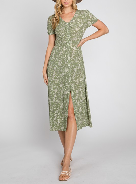 Matilda V Neck Button Front Floral Print Midi Dress In Olive
