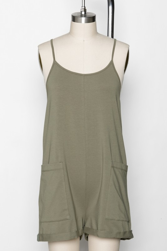 So Much Comfort Spaghetti Strap Short Romper in Olive
