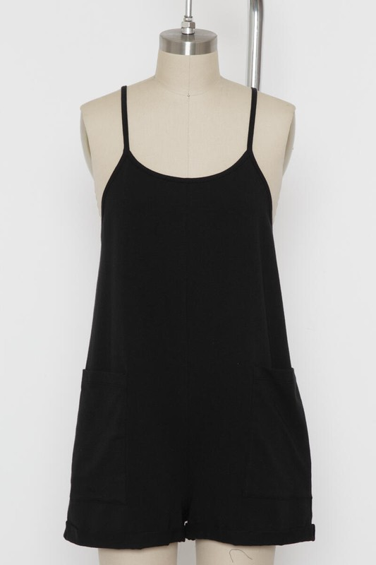 SO MUCH COMFORT SPAGHETTI STRAP SHORTS ROMPER BLACK