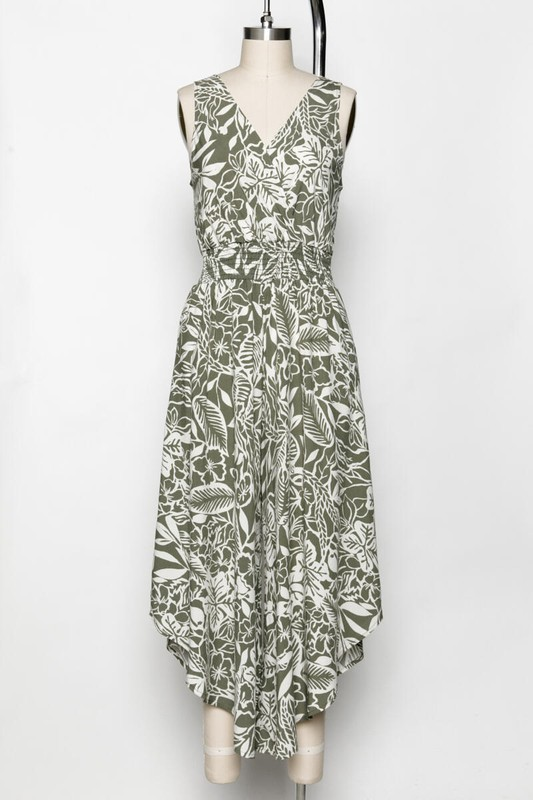Joshua Smocked Waist Wrap Front Floral Printed Wide Leg Jumpsuit In Olive