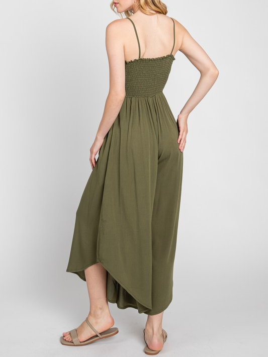 Never Better Front Ruched Round Hemming Midi Jumpsuit Olive
