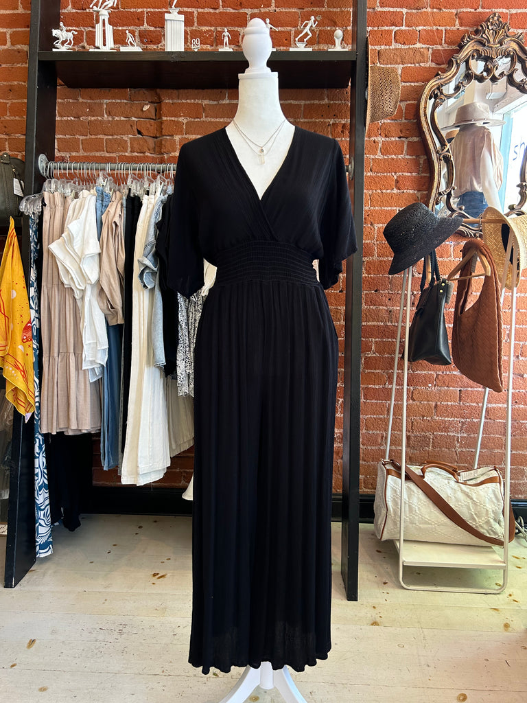 Junie V Neck Wide Leg Elastic Waist Jumpsuit In Black