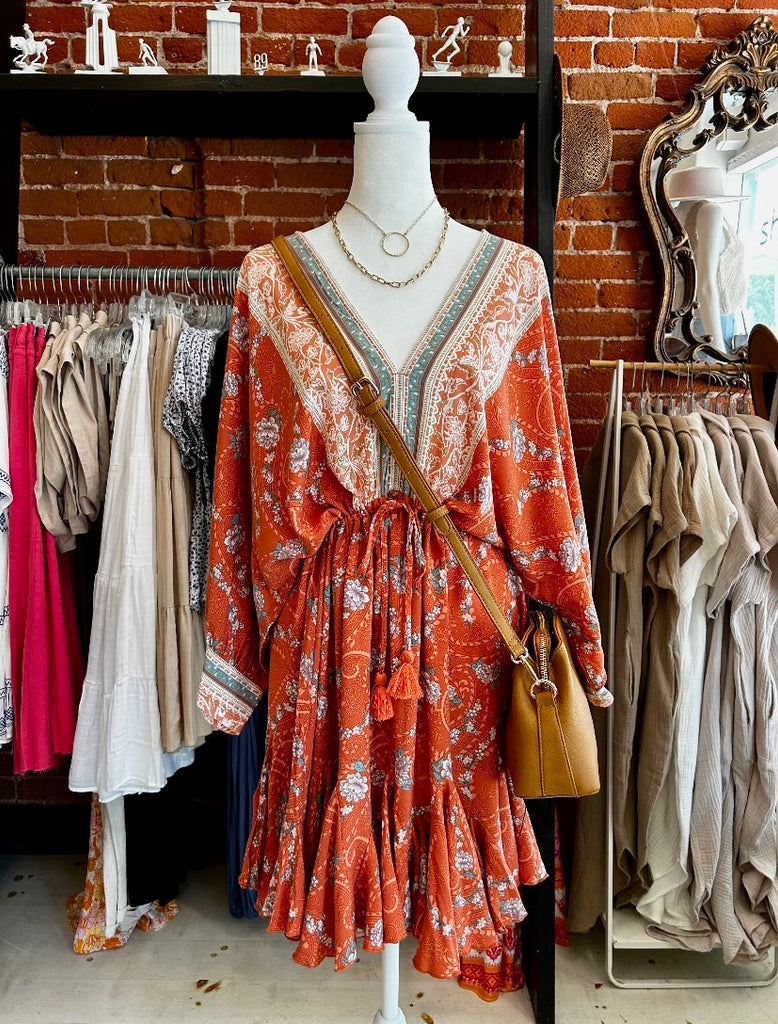 On My Mind V Neck Floral Printed Dress In Burnt Orange Multi