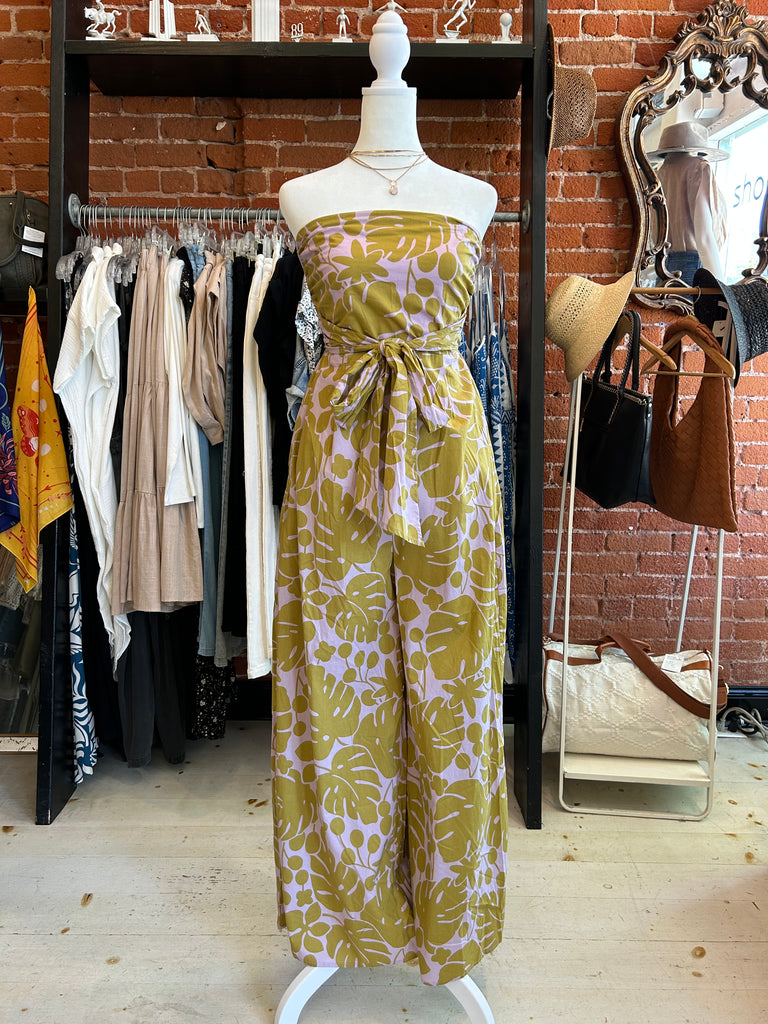 Endless Summer Tropical Printed Strapless Jumpsuit In Green/Purple Multi