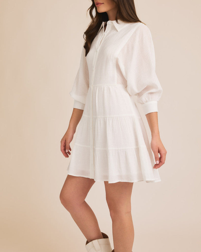 Opheliana White Cotton Balloon Sleeve Tiered Dress
