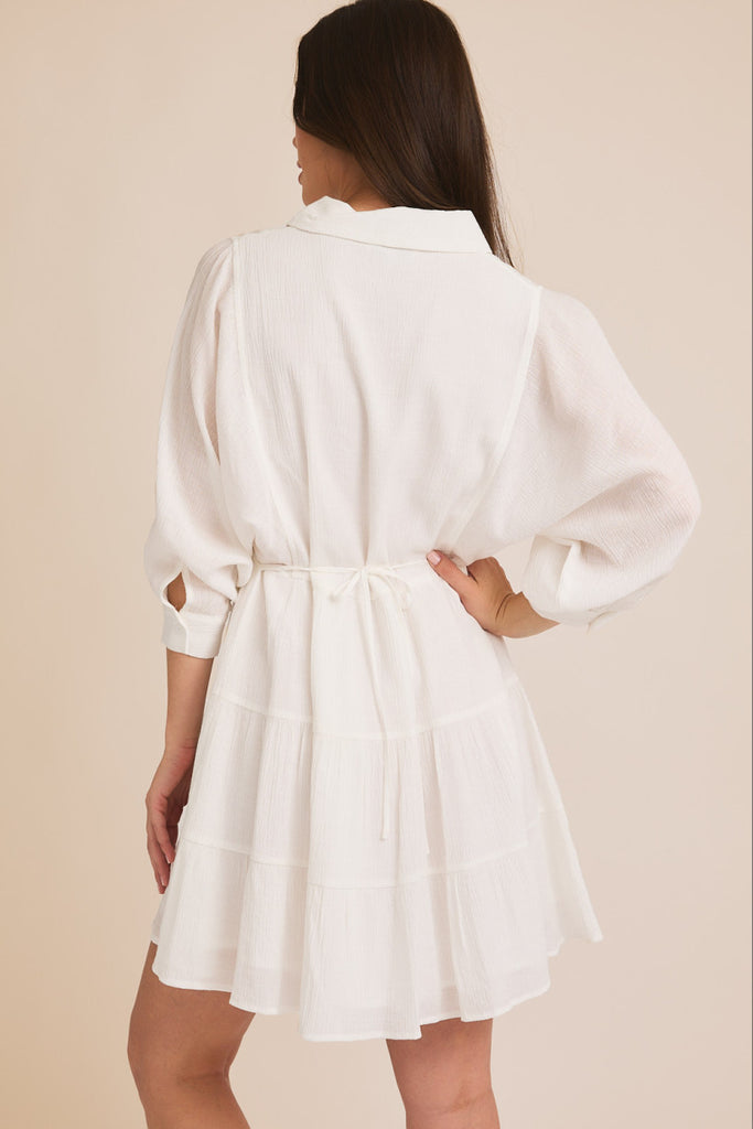 Opheliana White Cotton Balloon Sleeve Tiered Dress