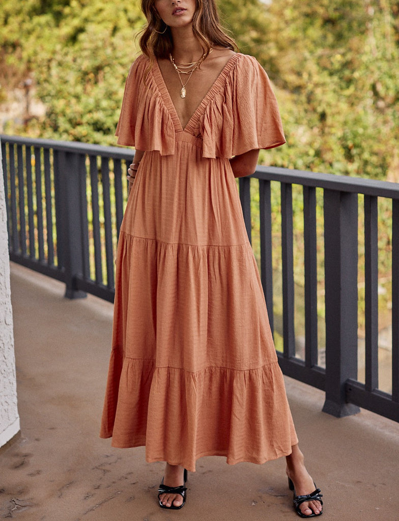 So Serene Maxi Dress With Flutter Sleeves In Apricot