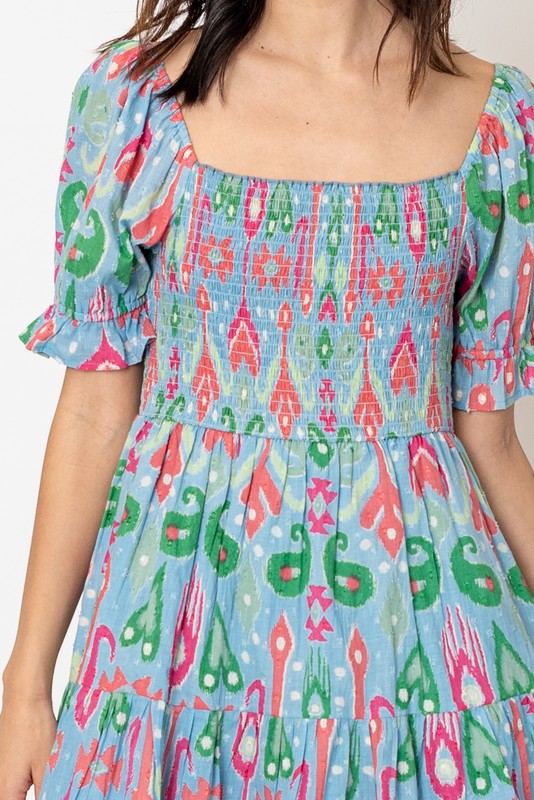 Remi Abstract Printed Smocked Puff Sleeve Dress In Blue/Pink Multi