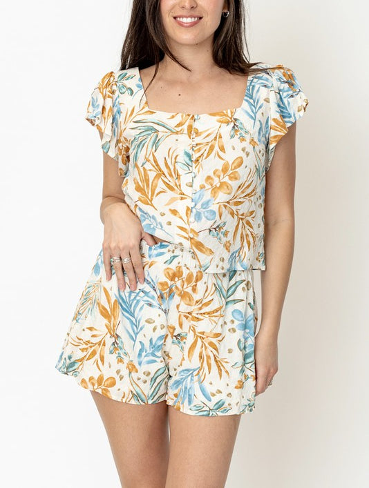 Cast Away Tropical Printed Cropped Top And Short Set In Cream/Blue Multi