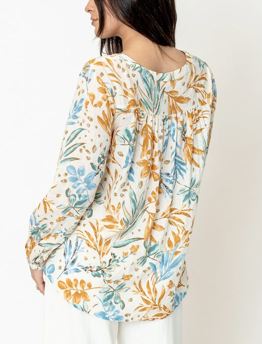 Feeling Floral Tropical Printed V Neck Button Down Blouse In Cream/Blue Multi
