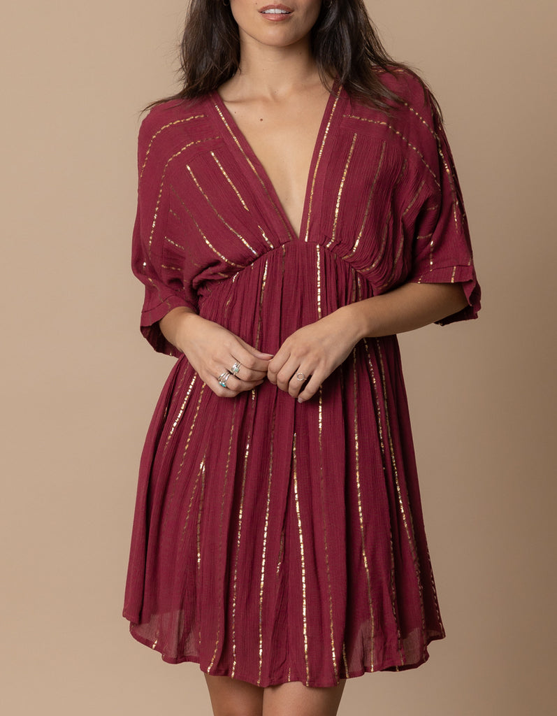 Adrianna Wine & Gold Striped V-Neck Mini Dress