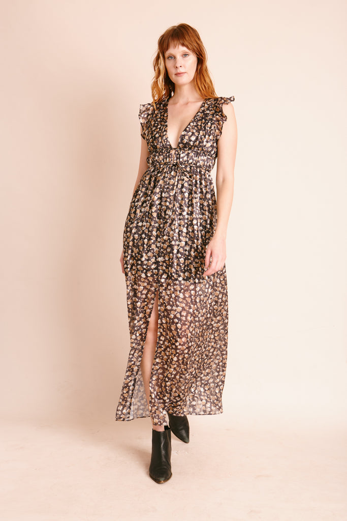 Under The Night Sky Black/Camel Print V-Neck Maxi Dress